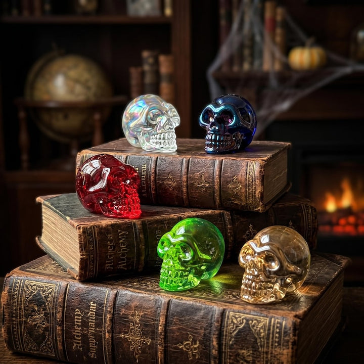 Handblown Glass Skull Figurine, Dark Academia Boolshelf Decor, Spooky Halloween Gift for Goth Friend, Witchy Decor for Apothecary Cabinet