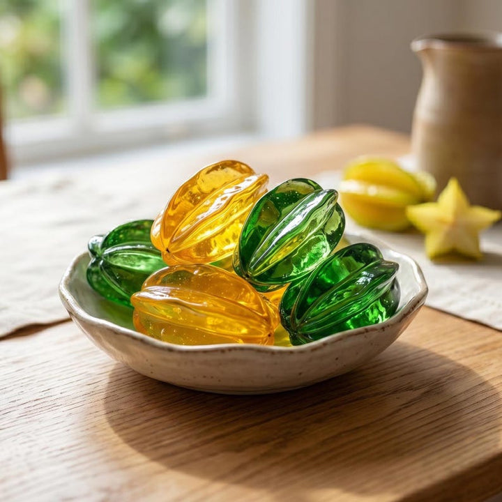 Realistic Glass Starfruit Figurine for Kitchen Shelf, Colorful Fruit Bowl Decor, Cottagecore Dinning Table Accent, Summer Tropical Ornament