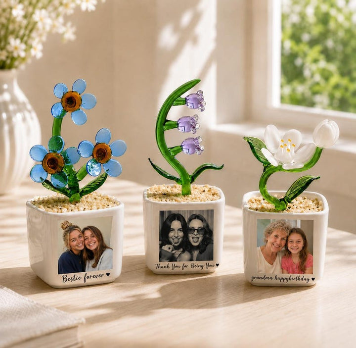 Custom Photo Glass Planter, Birth Month Flower Decor, Mother’s Day