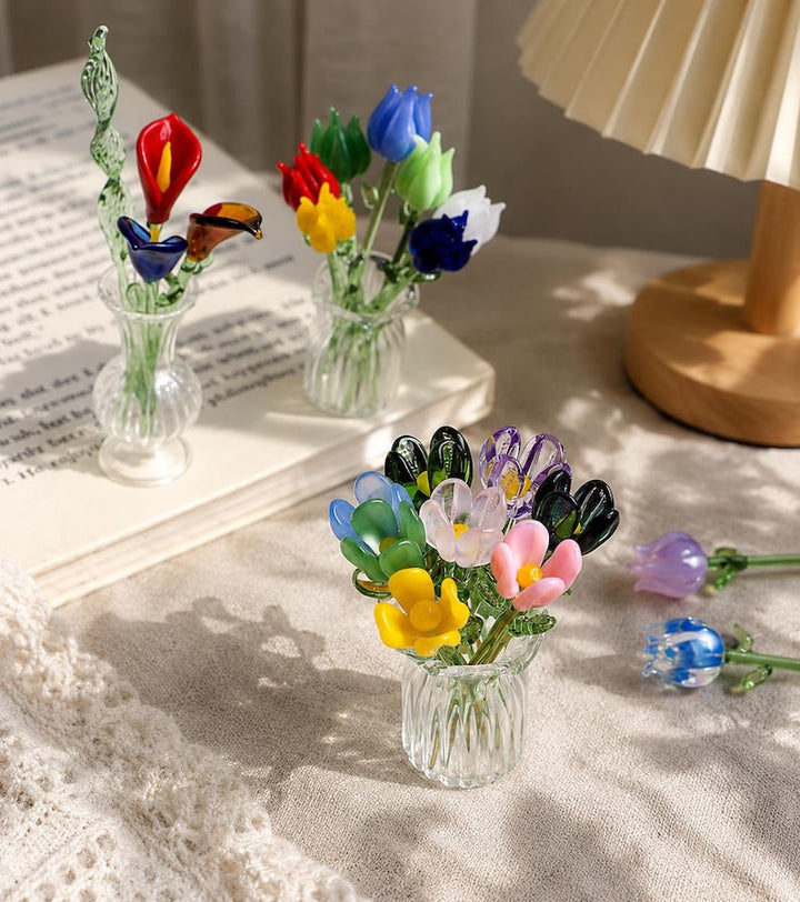 Handmade Mini Glass Flower Picks in Vase, Colorful Tiny Bouquet,