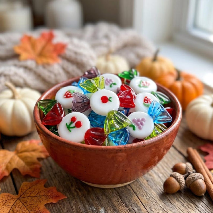 Decorative Lampwork Glass Sweets with Fruits Patterns, Colorful Glass Candies for Sweet Tooth, Coffee Table Accent, Rustic Kitchen Display