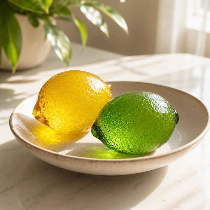 Realistic Glass Lemen & Lime Decor for Dinning Room, Minimalist Citrus Figurine for New Home Gift, Bright Summer Ornament for Kitchen Island