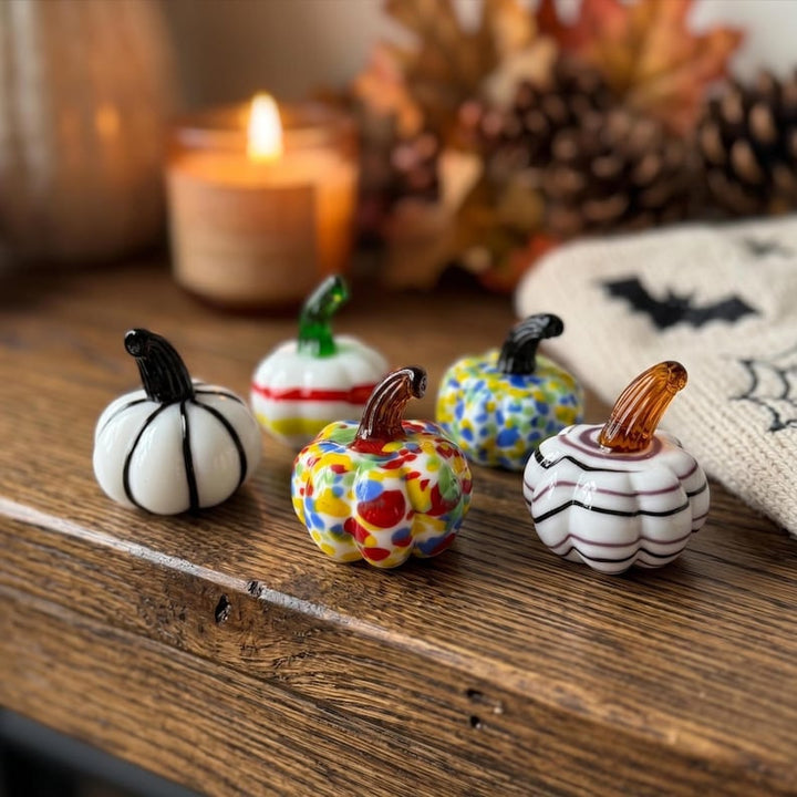 Handblown Glass Miniature Pumpkin Figurine, Eclectic Fall Shelf Decor, Bright Autumn Tiered Tray Accent, Cute Halloween Table Centerpiece