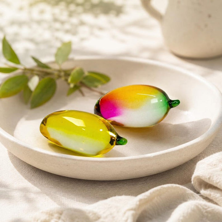 Colorful Glass Mango for Coffee Table, Cottagecore Summer Kitchen Decor, Fun Hostess Gift for Dinner Party, Cute Tropical Fruit Paperweight