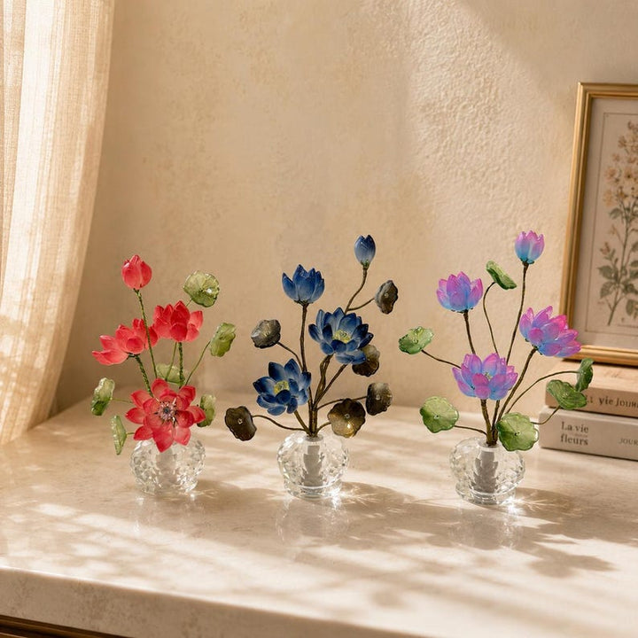 Handmade Glass Lotus Flower Bouquet with Crystal Vase, Colorful Home – Birthday Gift for Her, Mother's Day Gift