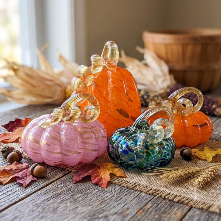 Lampwork Glass Pumpkins for Fall Harvest Season, Detailed Gold Swirl Stems, Modern Rustic Mantel Decor, Thoughtful Thanksgiving Hostess Gift