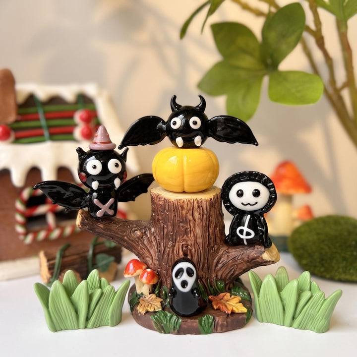 Whimsical Blown Glass Ghost & Bat Figurines for Halloween, Spooky Season Office Desk Pet, Kawaii Gothic Gift for Bestie, Tiered Tray Decor