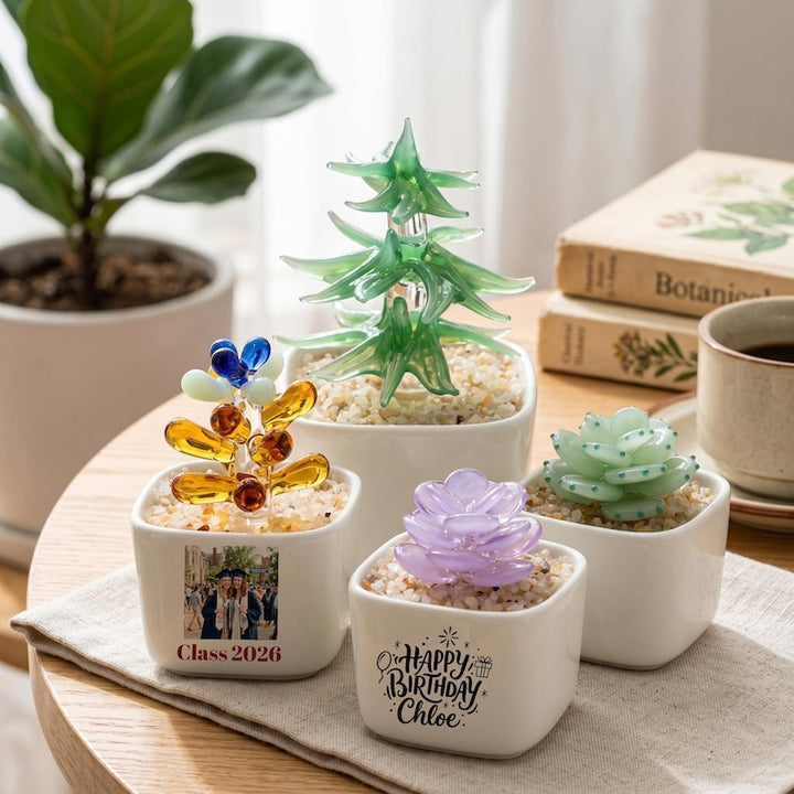 Whimsical Glass Succulent with Custom Photo Pot, Personalized Office Gift for Nature Lover, Hygge Shelf Decor for Sister, New Home Present