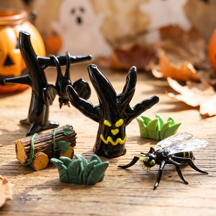 Creepy Cute Blown Glass Halloween Figurine - Hanging Bat, Ghost Tree & Flying Ant - Spooky Season Gift for Coworker, Quirky Fall Desk Decor