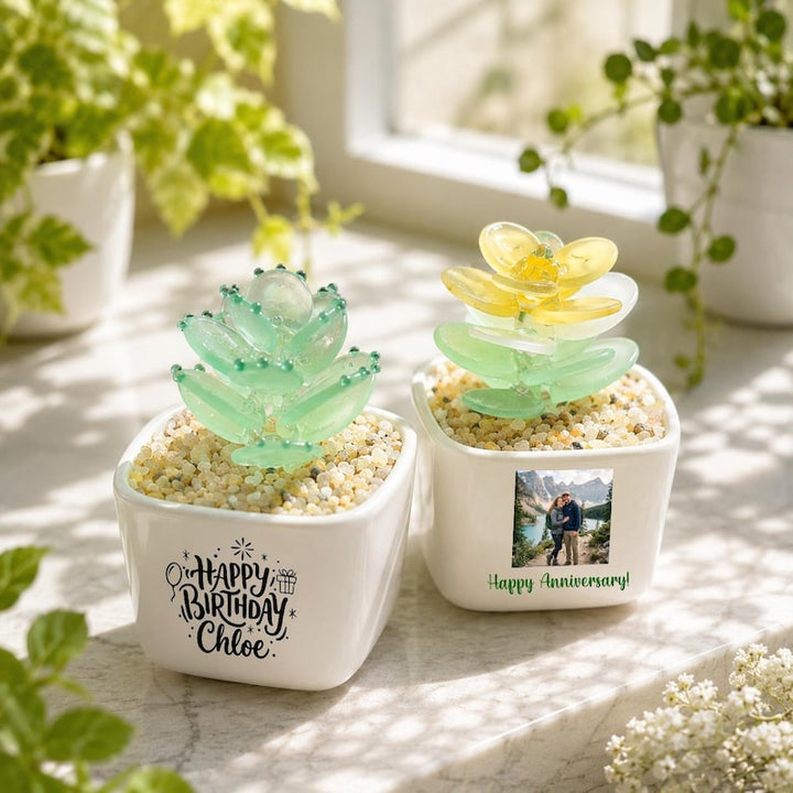 Custom Lampwork Glass Succulent Pot, Artificial Cactus Decor for Plant Mom, Cute Office Desk Pet, Personalized Gift for Bridesmaid Proposal