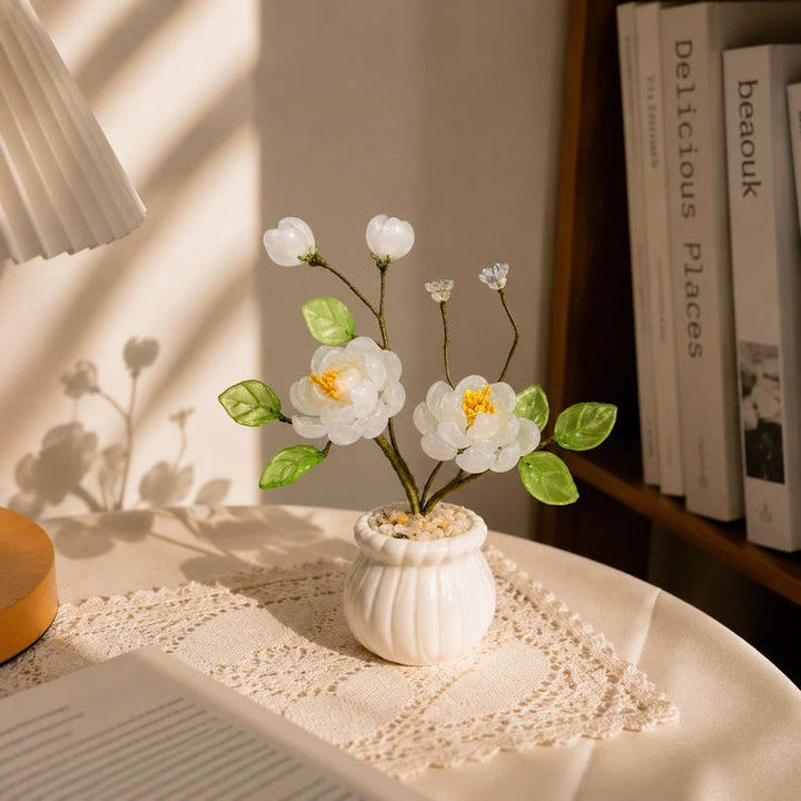 Glass Camellia Flower Arrangement, Handmade Floral Art – Birthday Gift for Her, Mother's Day Gift