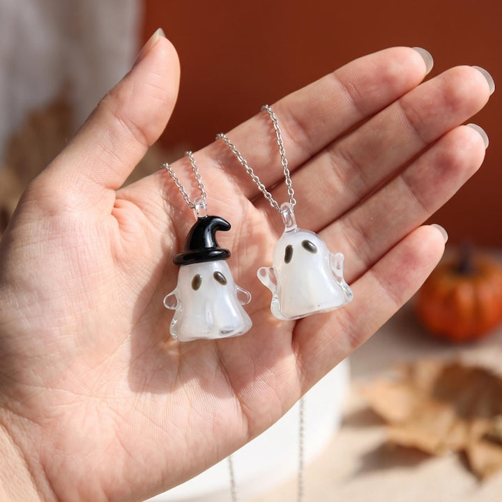 Spooky Cute Blown Glass Ghost Figurine, Halloween Necklace Gift for Kids, Quirky Little Phantom Pendant for Best Friend, Boo Basket Present