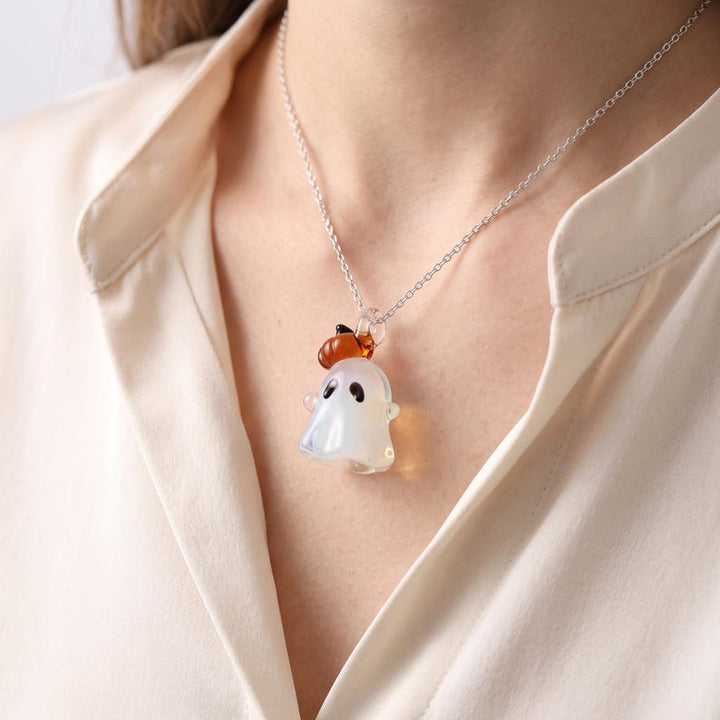 Adorable Blown Glass Pumpkin Ghost Figurine, Whimsical Halloween Season Pendant, Fall Festive Bag & Choker Charm, Fun Trick or Treat Gift