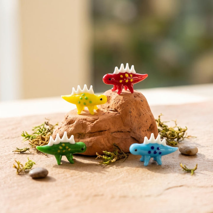 Handmade Miniature Glass Dinosaur, Kawaii Stegosaurus Figurine for Christmas Present, Kidcore Nursery Room Desk Decor, Plant Pot Ornament