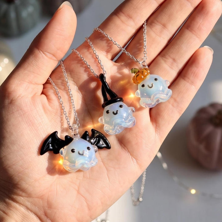 Handblown Glass Ghost Pendant for Halloween, Pumpkin Ghost Necklace for Spooky Season, Whimsical Fall Festival Wear, Trick or Treat Decor