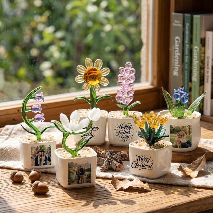 Custom Glass Flower Pot for Her, Miniature Botanical Desk Buddy for Coworker, Personalized Suncatcher Gift for Mom, Elegant Birthday Present