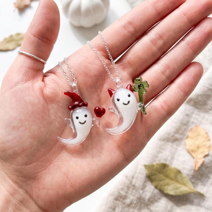 Spooky Blown Glass Ghost Pendant for Halloween Season, Lucky Clover Devil Ghost Figurine, Whimsigoth Charm, Macabre Cute Outfit Accessories