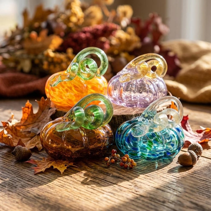 Whimsical Handblown Glass Pumpkins for Harvest Season, Vibrant Autumn Decor for Mantel, Colorful Gourd Gift for Family, Housewarming Present
