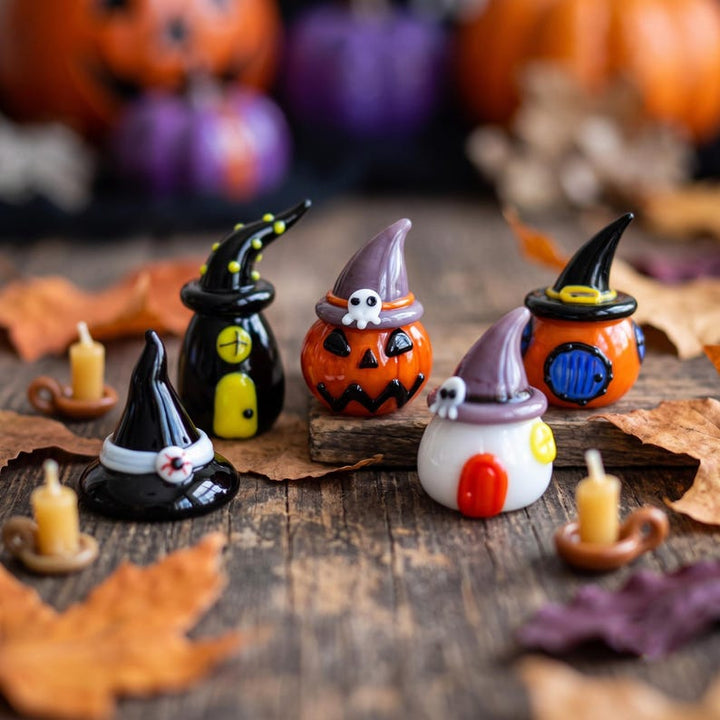 Blown Glass Witch Hat & Pumpkin Miniature, Cute Lampwork Halloween Figurines, Spooky Season Hostess Gift, Whimsical Autumn Tiered Tray Decor
