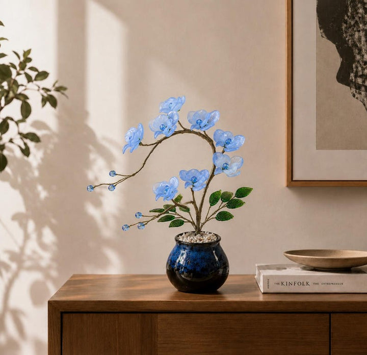 Blue Orchid Glass Flower Plant, Handmade Glass Flower Arrangement, – Birthday Gift for Her, Mother's Day Gift