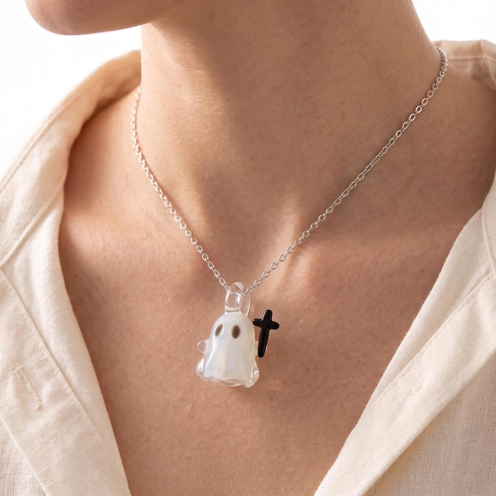 Handblown Miniature Glass Ghost Pendent, Gothic Charm for Halloween Party, October Birthday Present for Teens, Whimsical Fall Season Gift