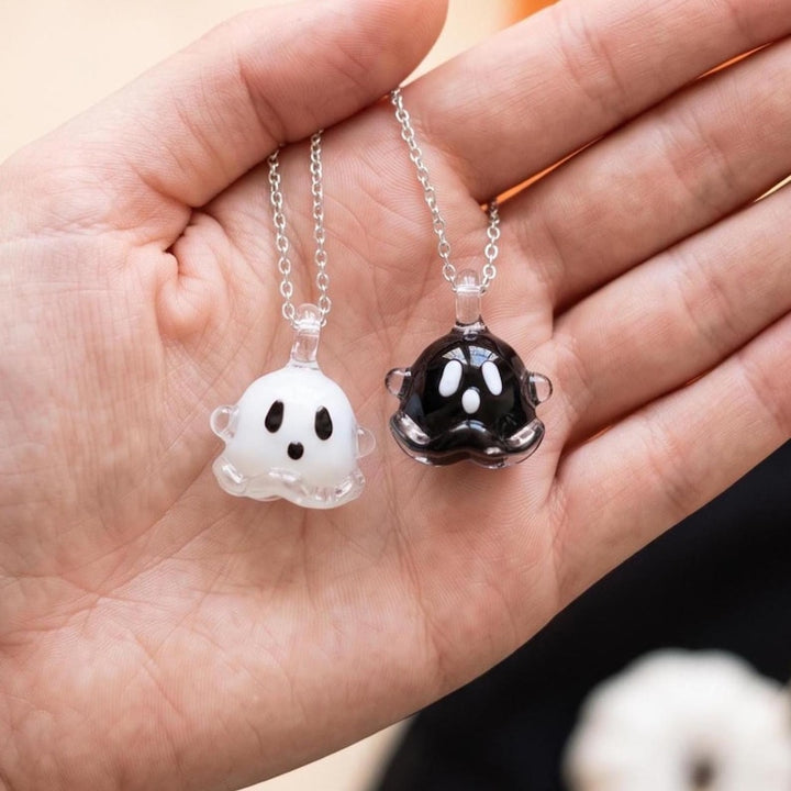 Handblown Black & White Ghost Pendant, Dainty Spooky Necklace for Besties, Minimalist Fall Goth Look, Cute Halloween Charm Gift for Sisters