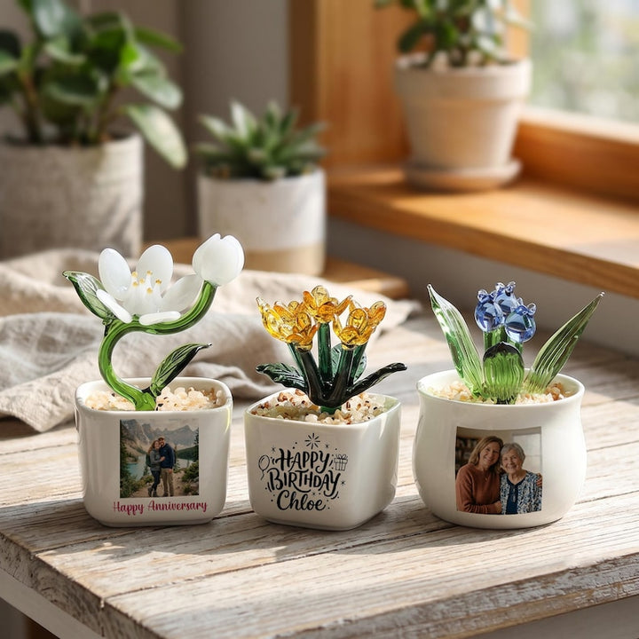 Personalized Glass Potted Flower, Custom Photo Planter for Anniversary & Christmas, Cheerful Desk Buddy for Office, Sentimental Floral Art
