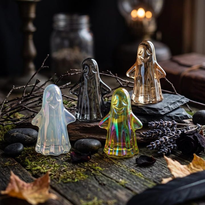 Iridescent Glass Ghost Figurine, Cute Spooky Halloween Decor for Mantel or Bookshelf, Whimsical Fall Gift for Coworker, Holiday Centerpiece