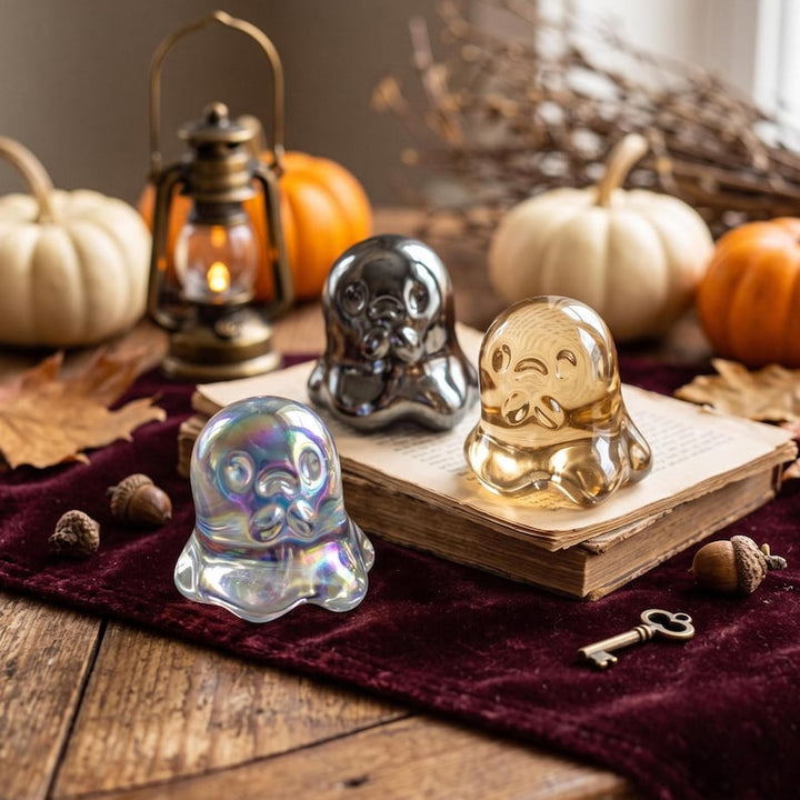 Miniature Glass Ghost Figurine for Halloween, Spooky Autumn Tiered Tray Display, Goth Girlfriend Gift, Whimsical Desk Buddy for Coworker