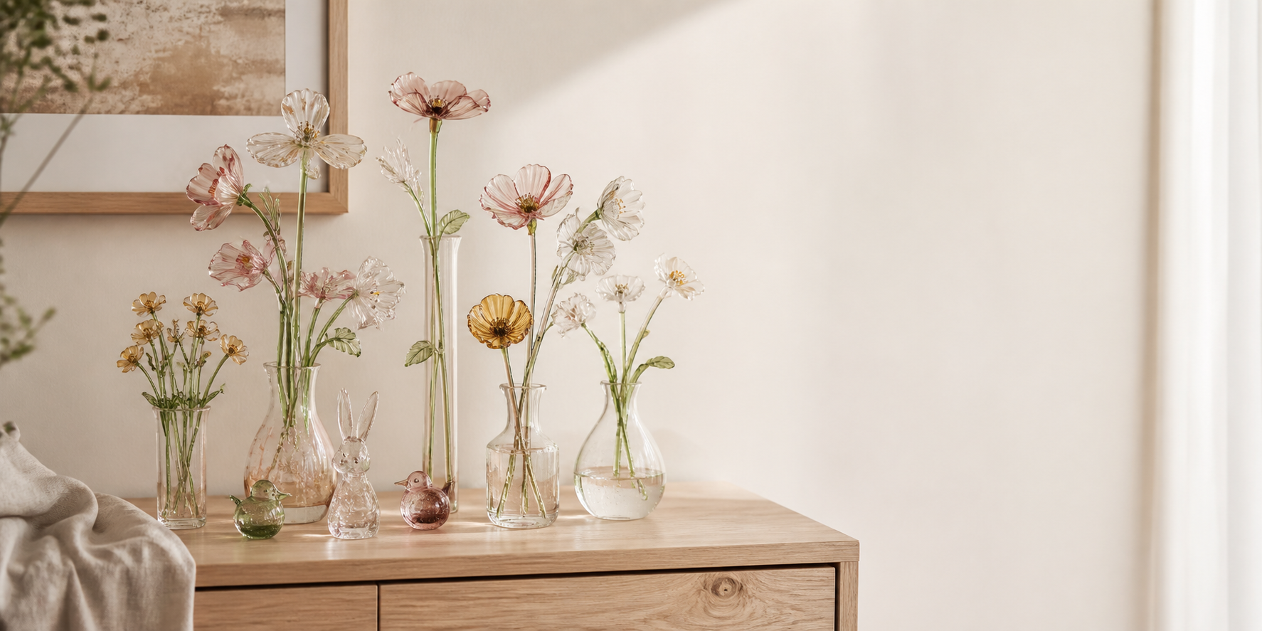 Handmade glass flowers styled in a calm modern home